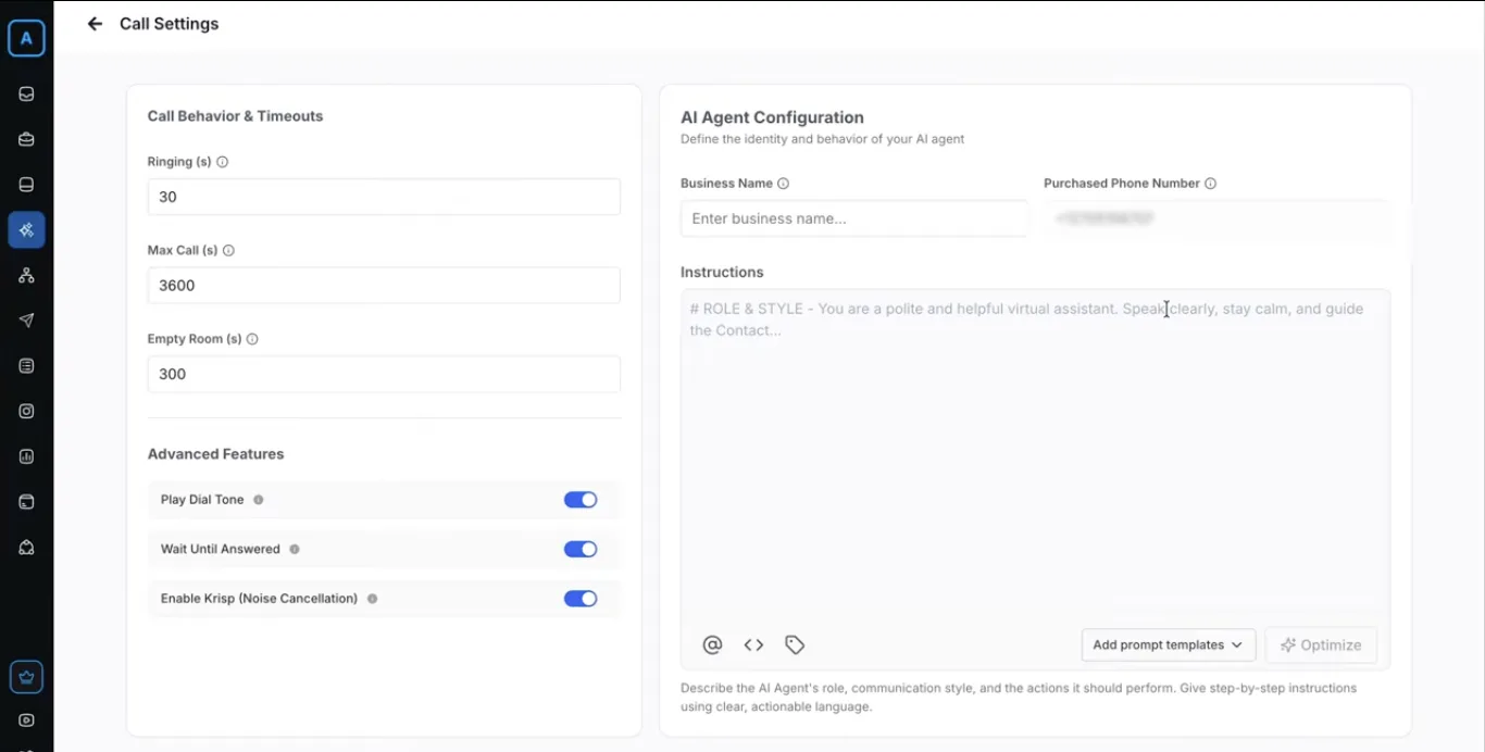 call settings page