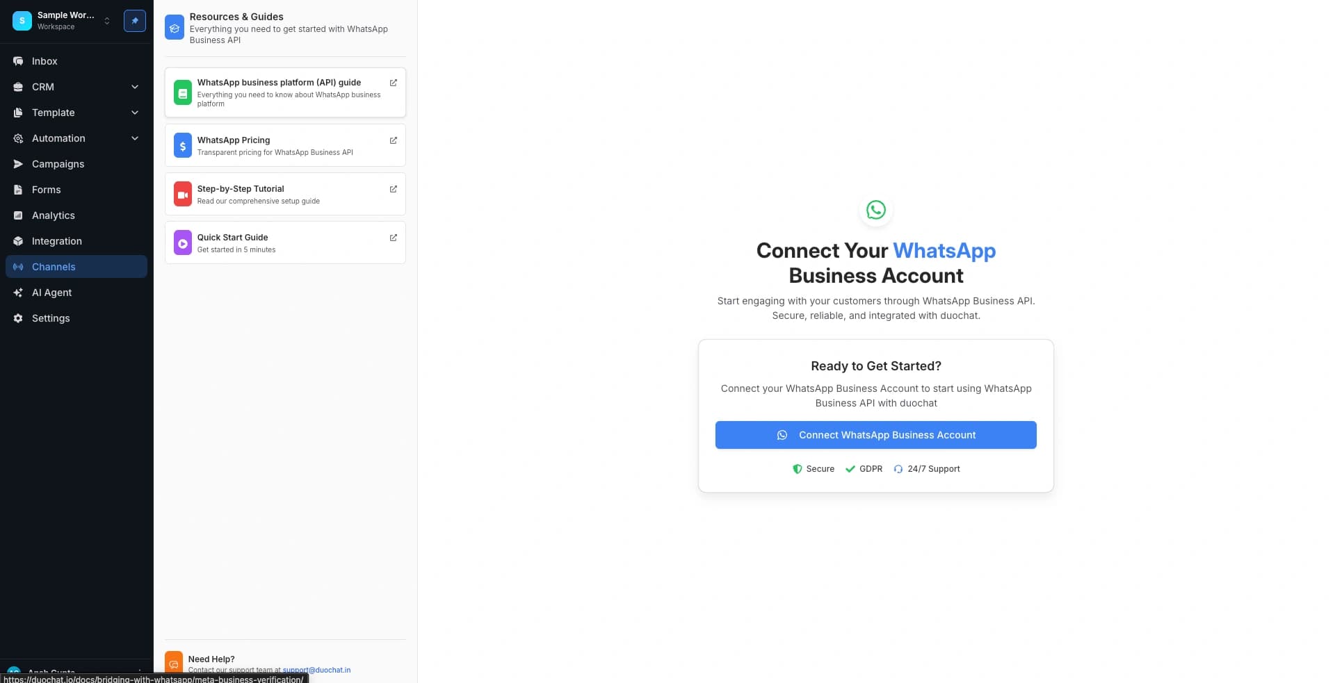 Channel setup screen with a button to create a WhatsApp channel
