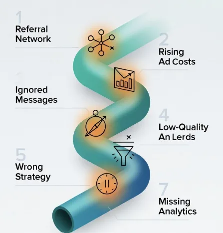 Desafios na geração de leads mostrando o funil de aquisição de clientes, canais de marketing e obstáculos no pipeline de vendas