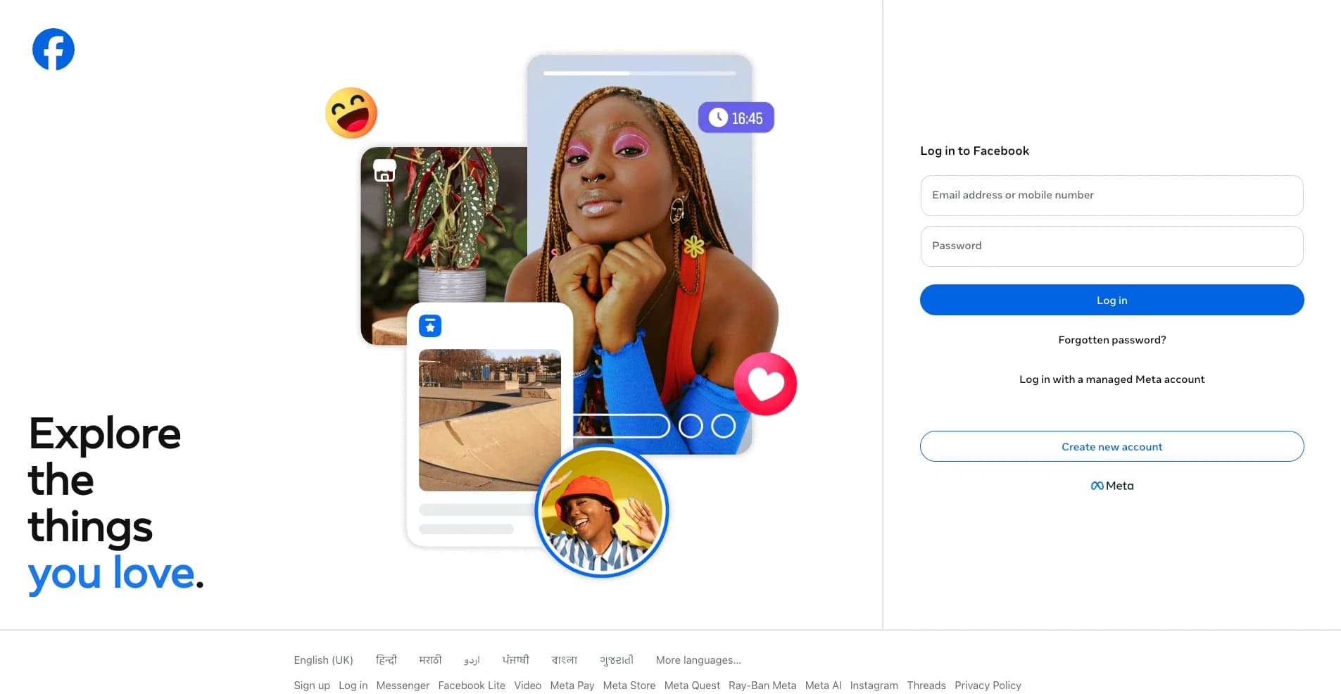 Facebook login screen with email and password fields