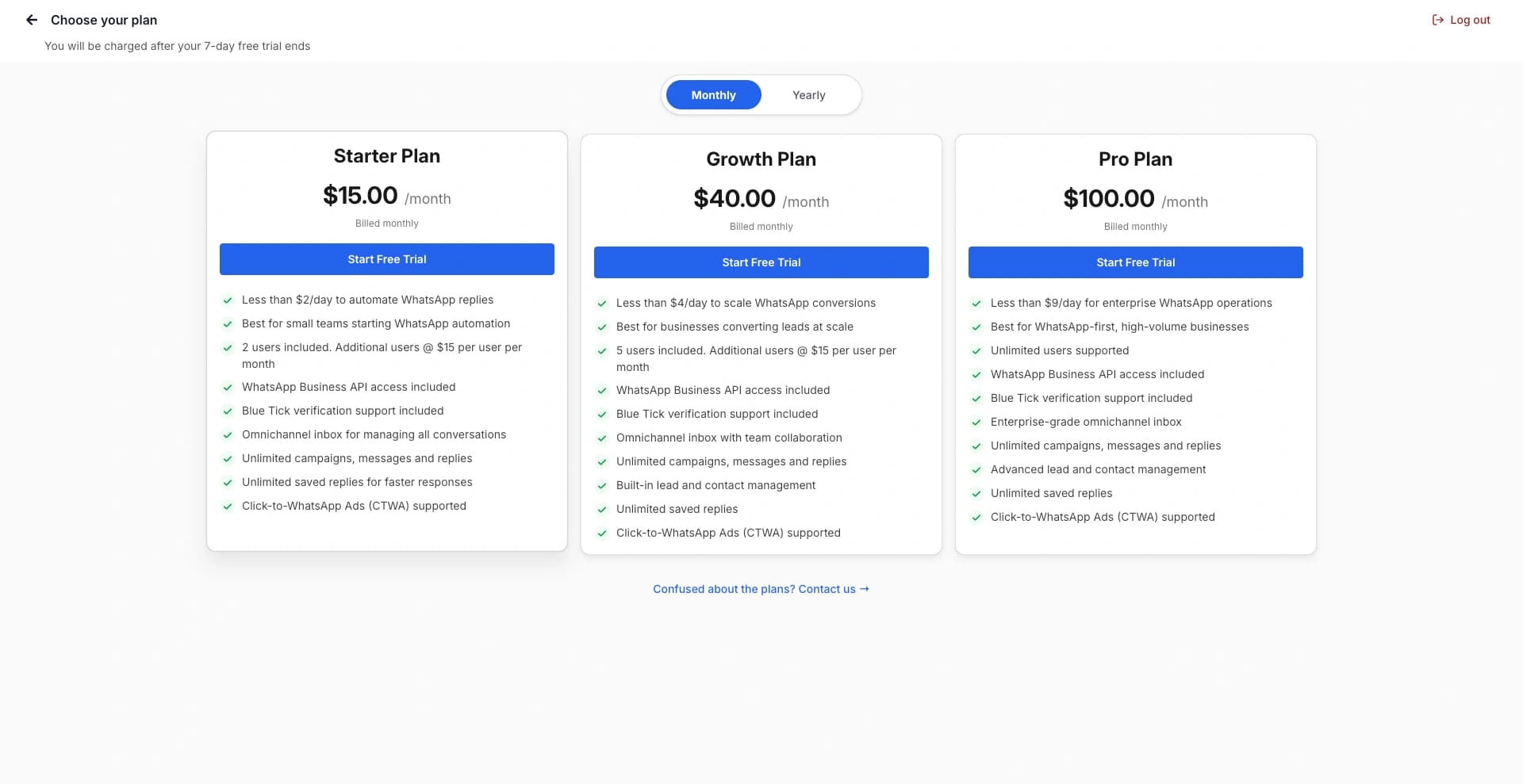 Pricing page displaying Starter, Growth, and Pro plans with feature comparison