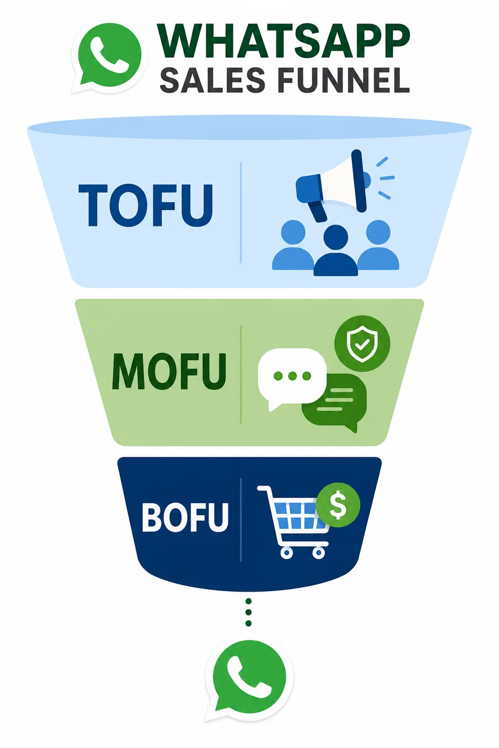 WhatsApp sales funnel diagram showing TOFU, MOFU, and BOFU stages for converting leads into customers