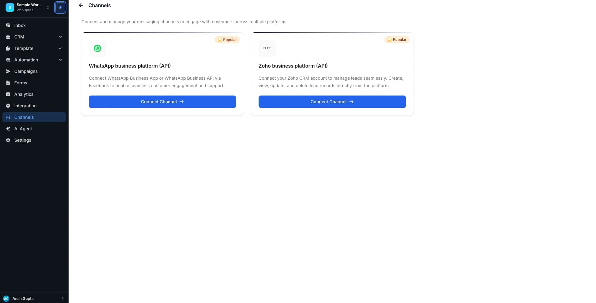 Channel selection screen with options for different messaging platforms