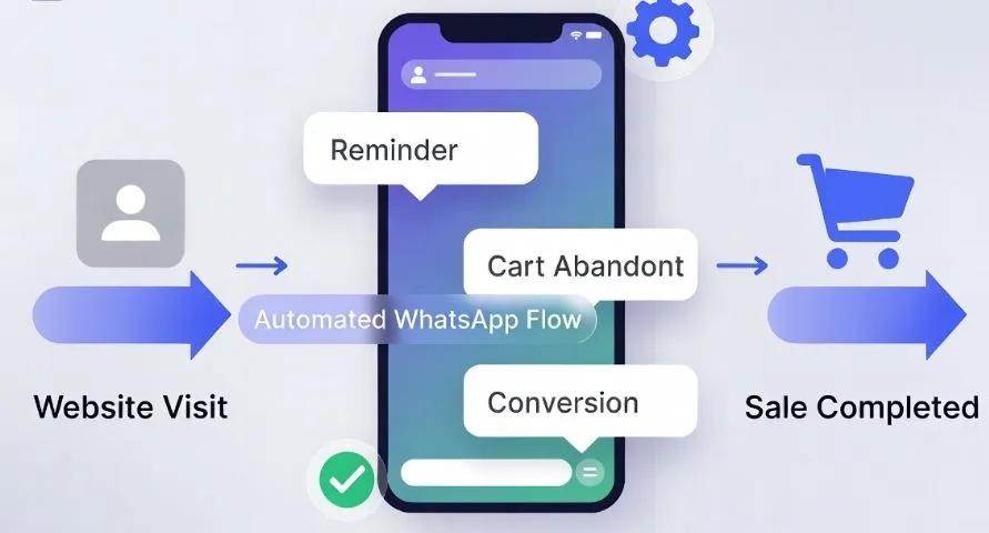 Fluxo de remarketing no WhatsApp acionado por visita ao site mostrando sequência de mensagens automatizadas para retargeting de leads