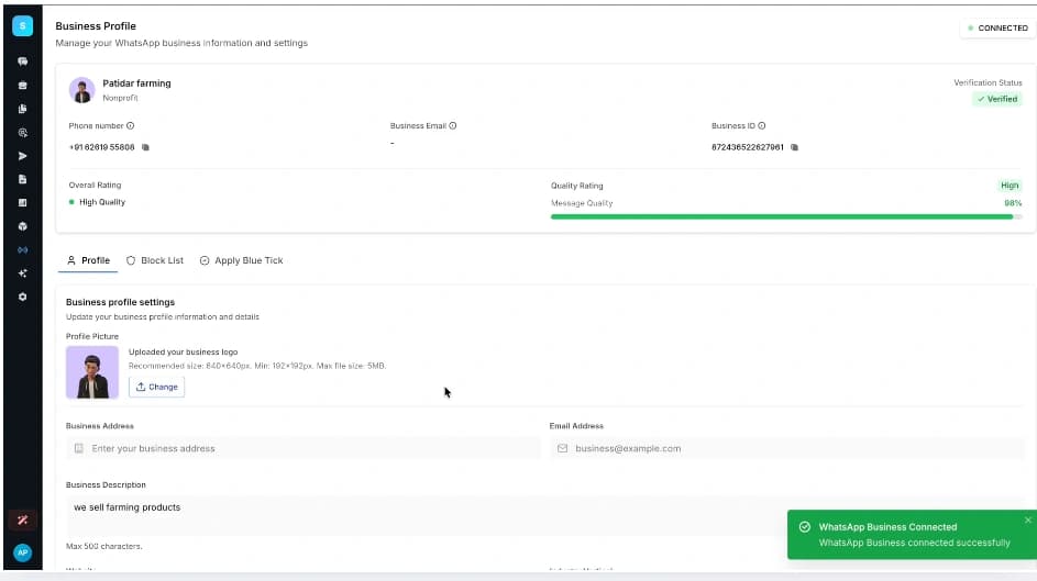 WhatsApp channel workspace dashboard displaying account selection and setup area for configuring a WhatsApp business channel