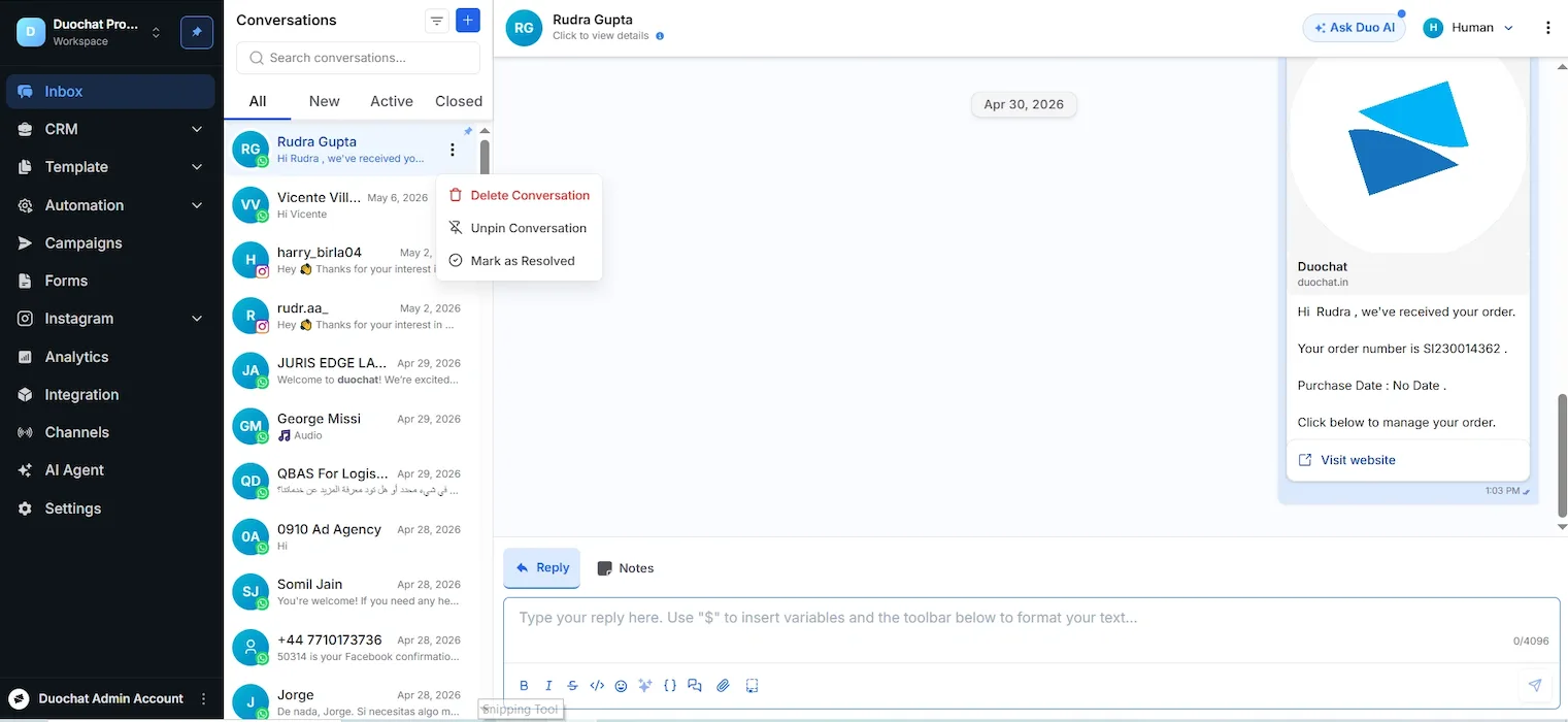 Initiate conversation with saved contact