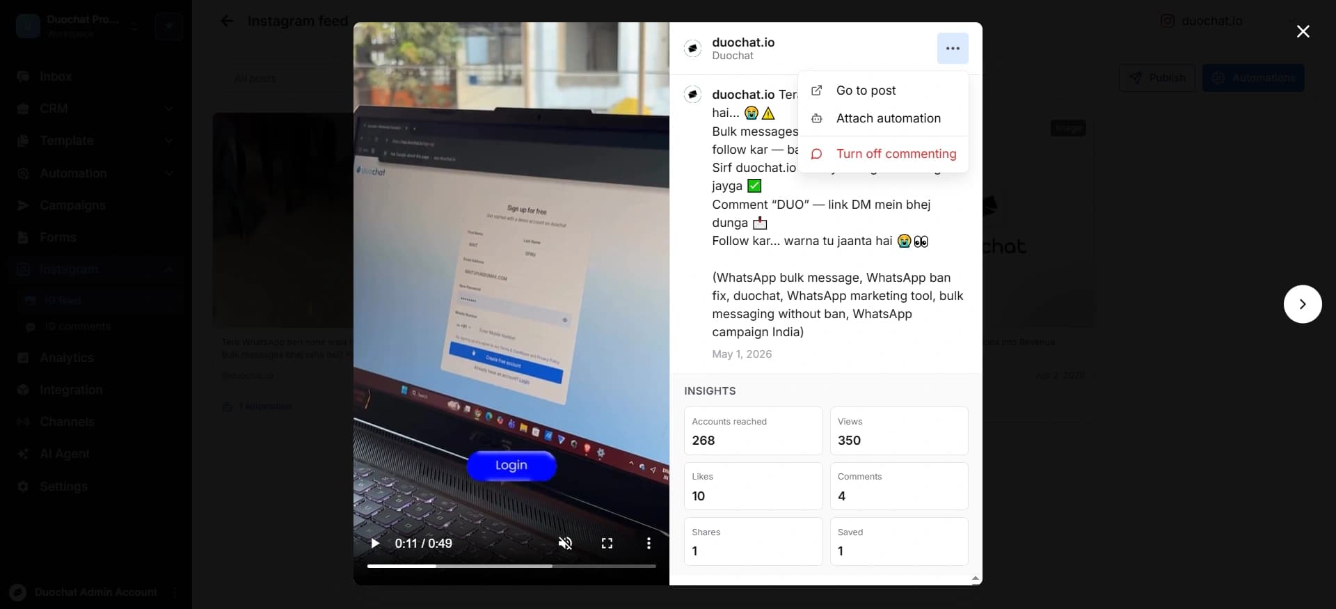 Instagram post menu showing option to attach automation