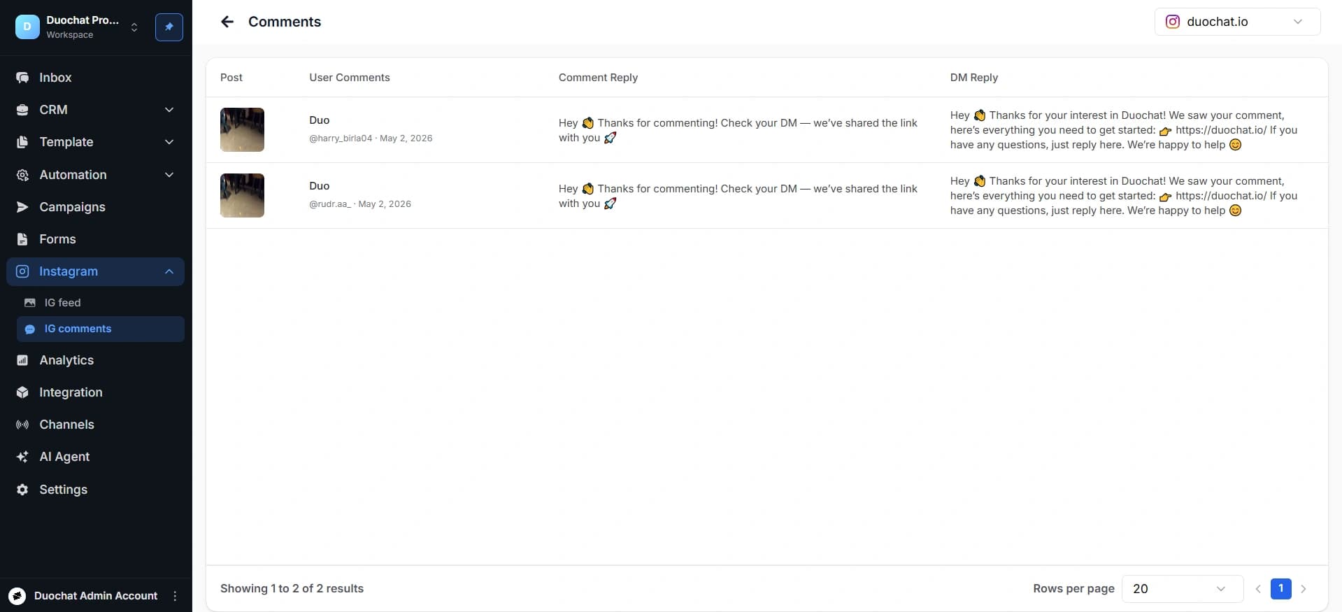 Instagram comments interface in duochat